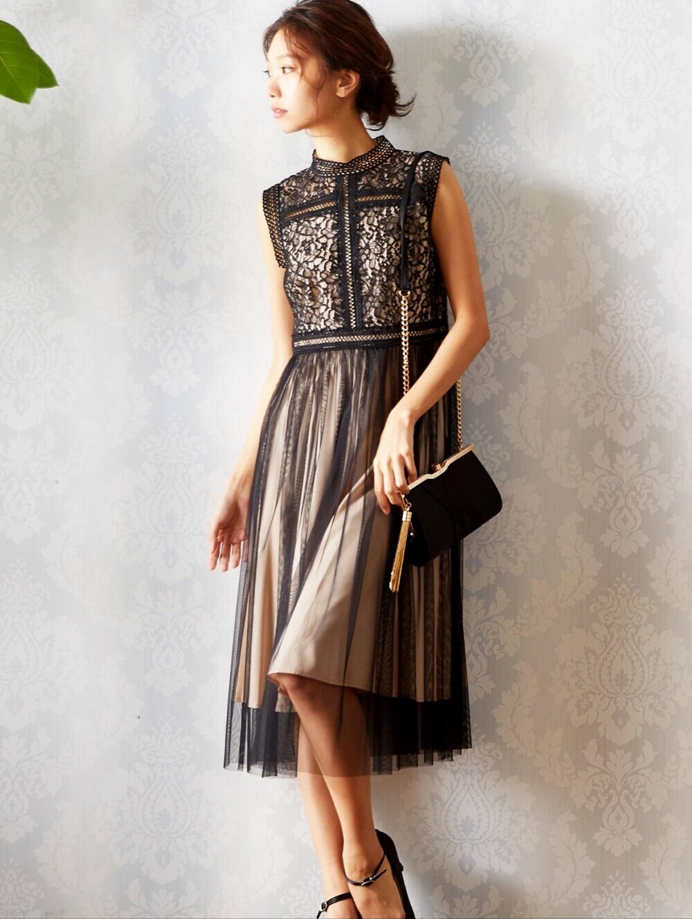 Moma Black Lace Midi Dress with Tulle Overlay